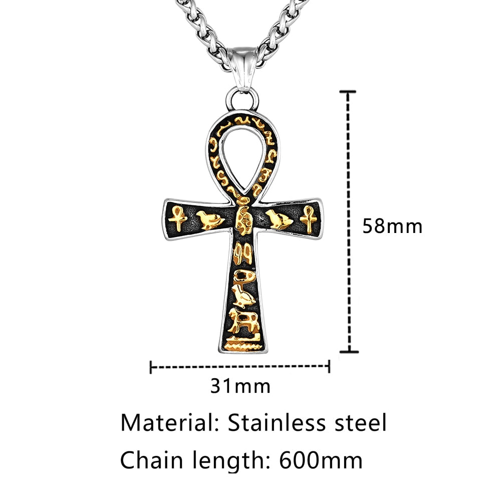 Vintage Ancient Egyptian Ankh Cross Necklaces For Men Women Stainless Steel Cuneiform Characters Pendant Unisex Amulet Jewelry - Charlie Dolly