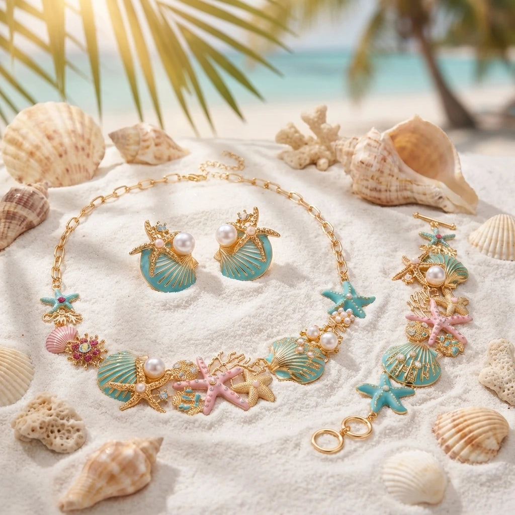 Exaggerated Metal Starfish Shell Pearl Necklace Earring for Women Boho Ocean Coral Scallop Pendant OT Clasp Bracelet Jewelry
