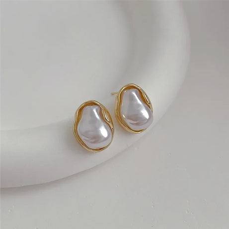 Irregular Pearl Gold Side Stud Earrings Jewelry