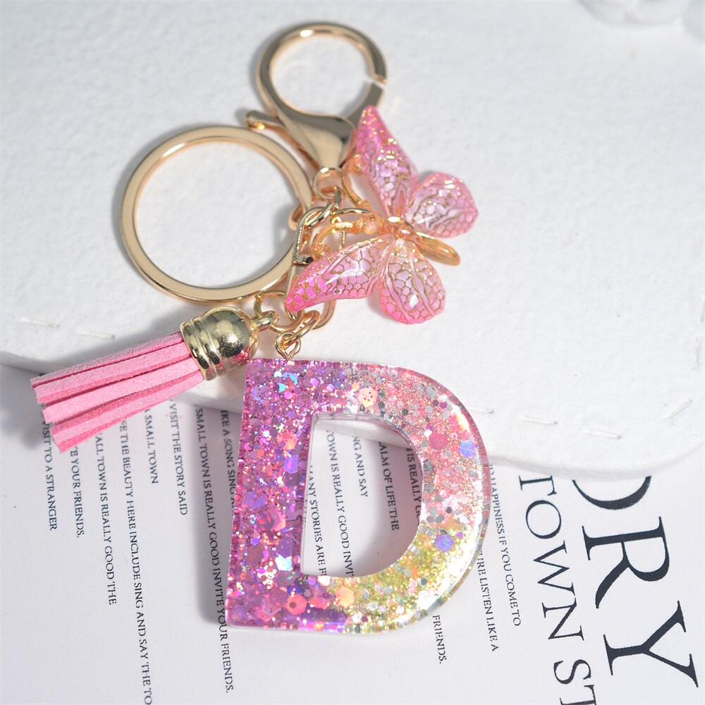 Cute Resin A-Z Initials Letter Keychain Pink Sparkle Butterfly Tassel Pendant Keyring for Women Girl Purse Handbags Jewelry Gift - Charlie Dolly