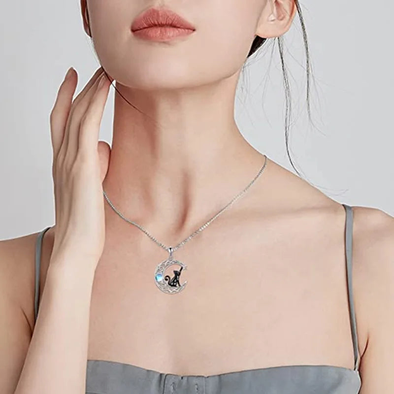 Gothic Black Cat Moon Pendant Necklace Vintage Aesthetic Crescent Kitten Moonstone Necklace for Women Men Halloween Jewelry Gift - Charlie Dolly