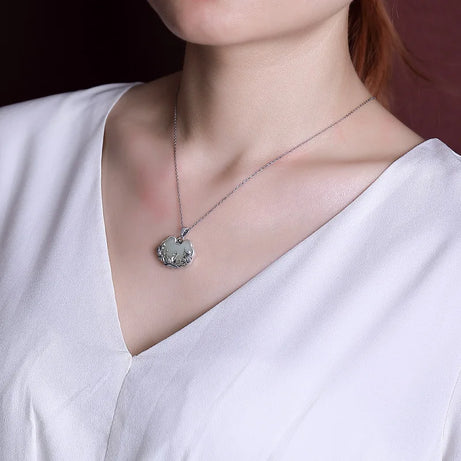 925 Silver Hotan Jade Lotus & Fish Ruyi Pendant, Boho Blessing Necklace