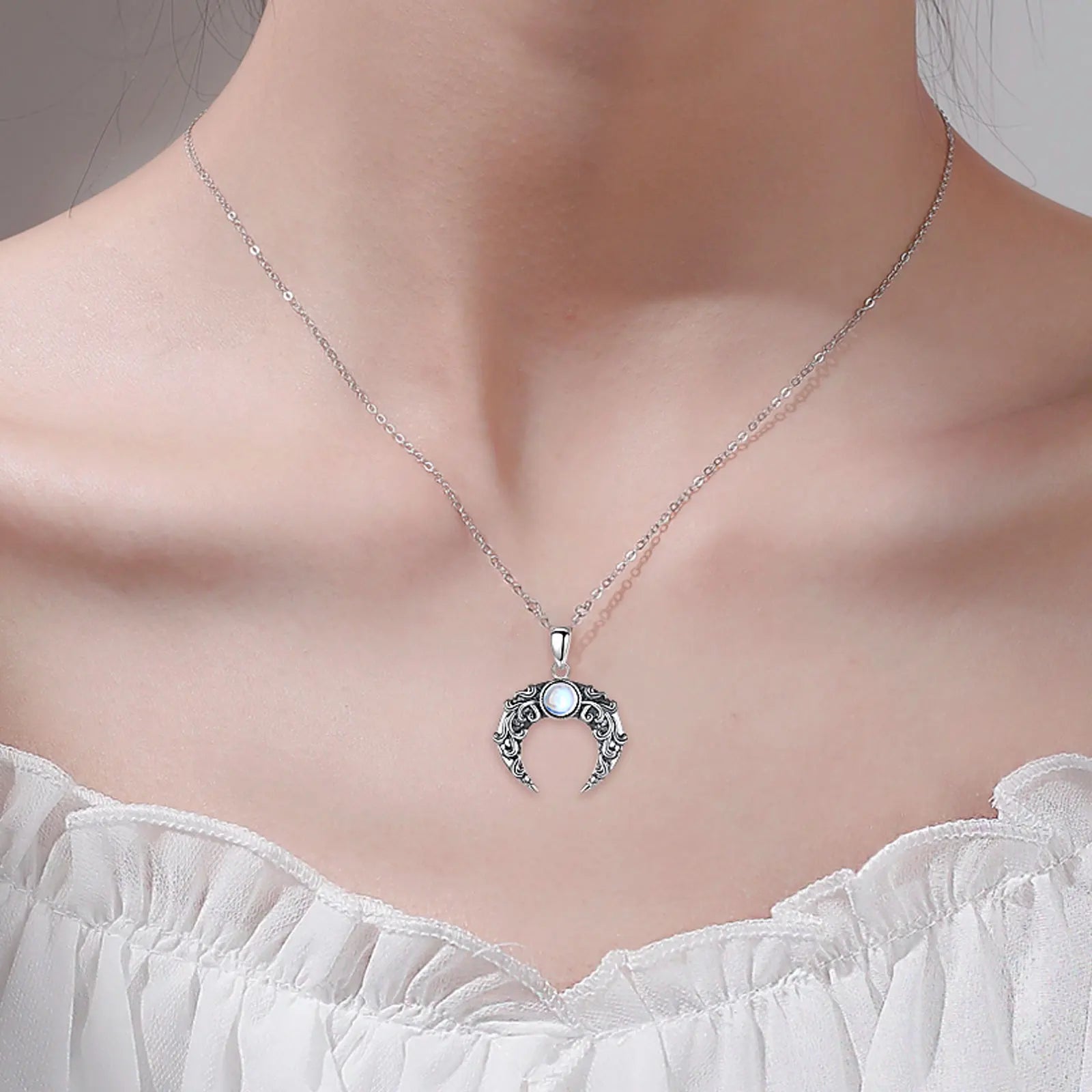 Eudora 925 Sterling Silver Moon Necklace for Women Man Vintage Tree of Life Moonstone Amulet Pendant Personality Jewelry Gift