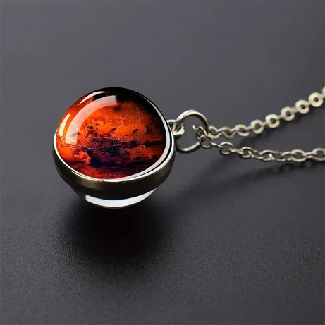 Double-Sided Galaxy Planet Glass Ball Pendant Necklace, Sun Moon Mars Cosmic Talisman