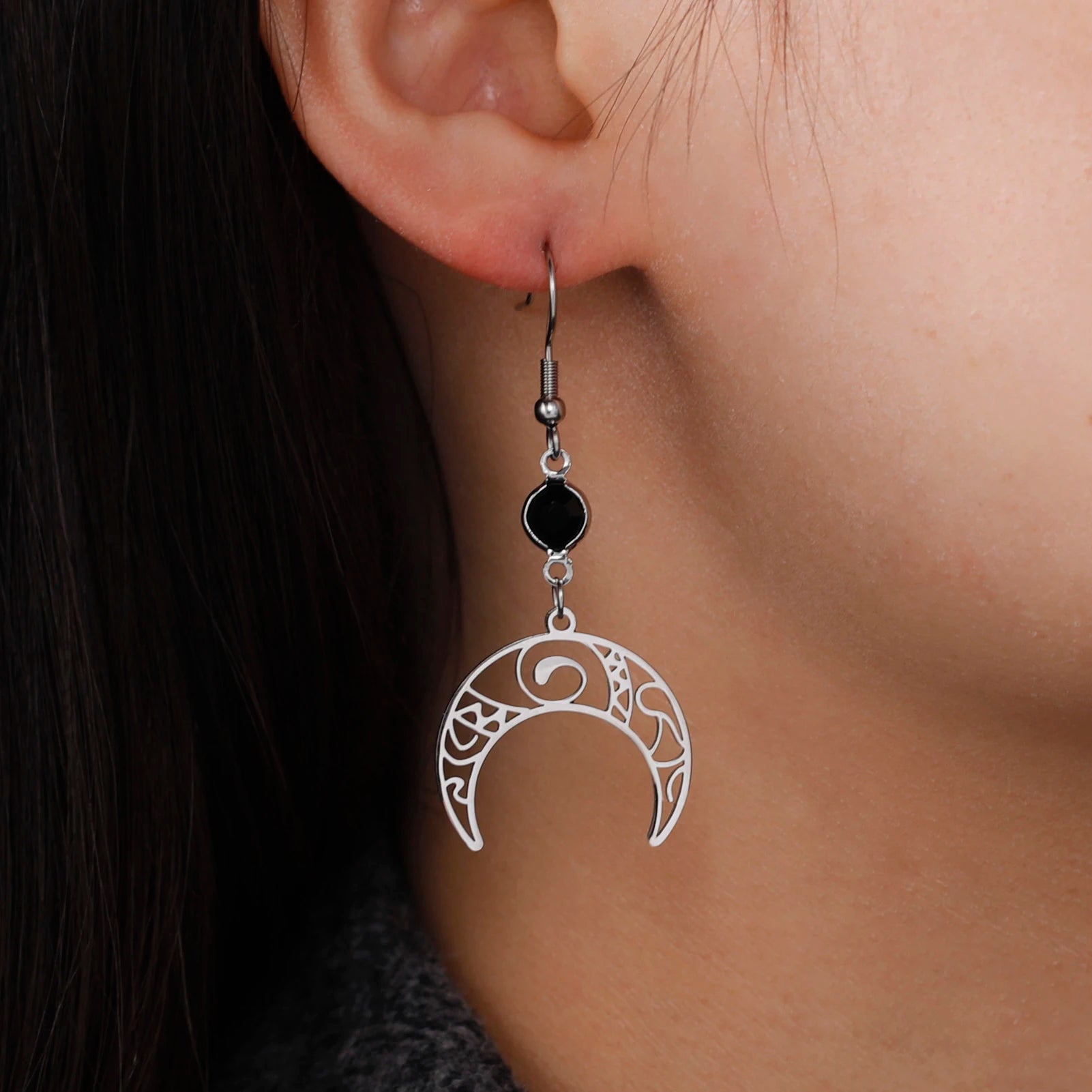 Unift Goth Stainless Steel Earring Triple Rune Moon Phase Pentagram Earrings Woman Men Vintage Jewelry Ear Piercing Witch Knot