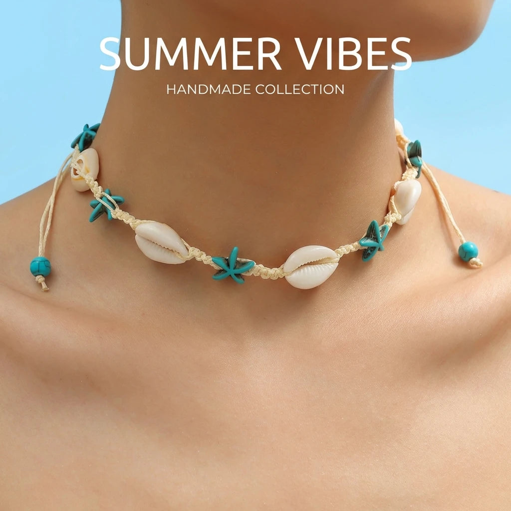 2026 Summer Boho Cowrie Shell Choker Necklace for Women Y2K Cute Blue Starfish Beads Collar Beach Vacation Jewelry Gift