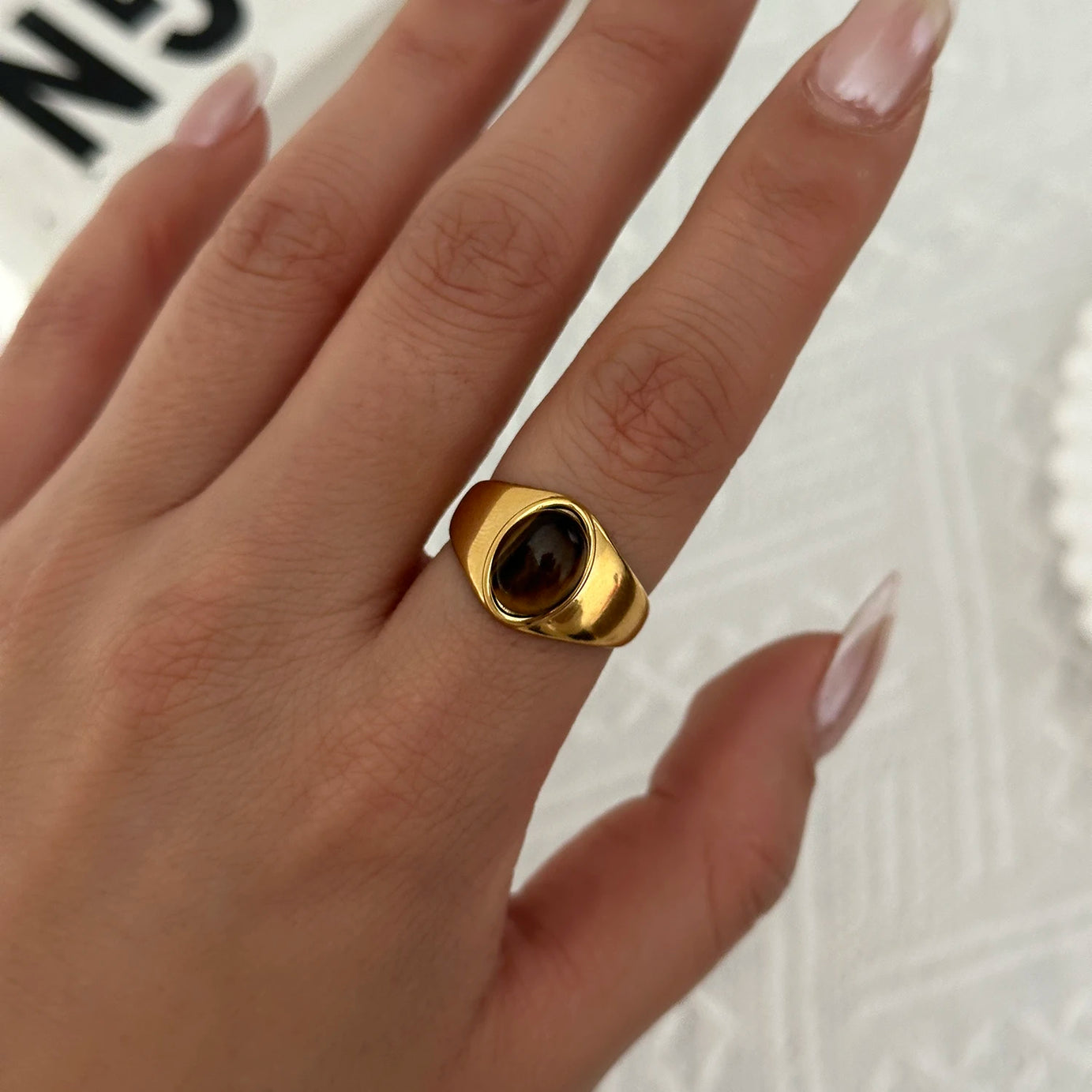Vintage Boho Turquoise Tiger Eye Stone Rings For Women Stainless Steel Natural Stone Open Finger Ring Party Aesthetic Jewelry - Charlie Dolly