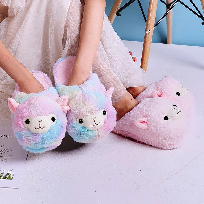 New Arrival Christmas Present Fuzzy Slippers Creative Funny Women Plush Warm Cotton Shoes Stupid Cute Alpaca Cozy Home Slides - Charlie Dolly