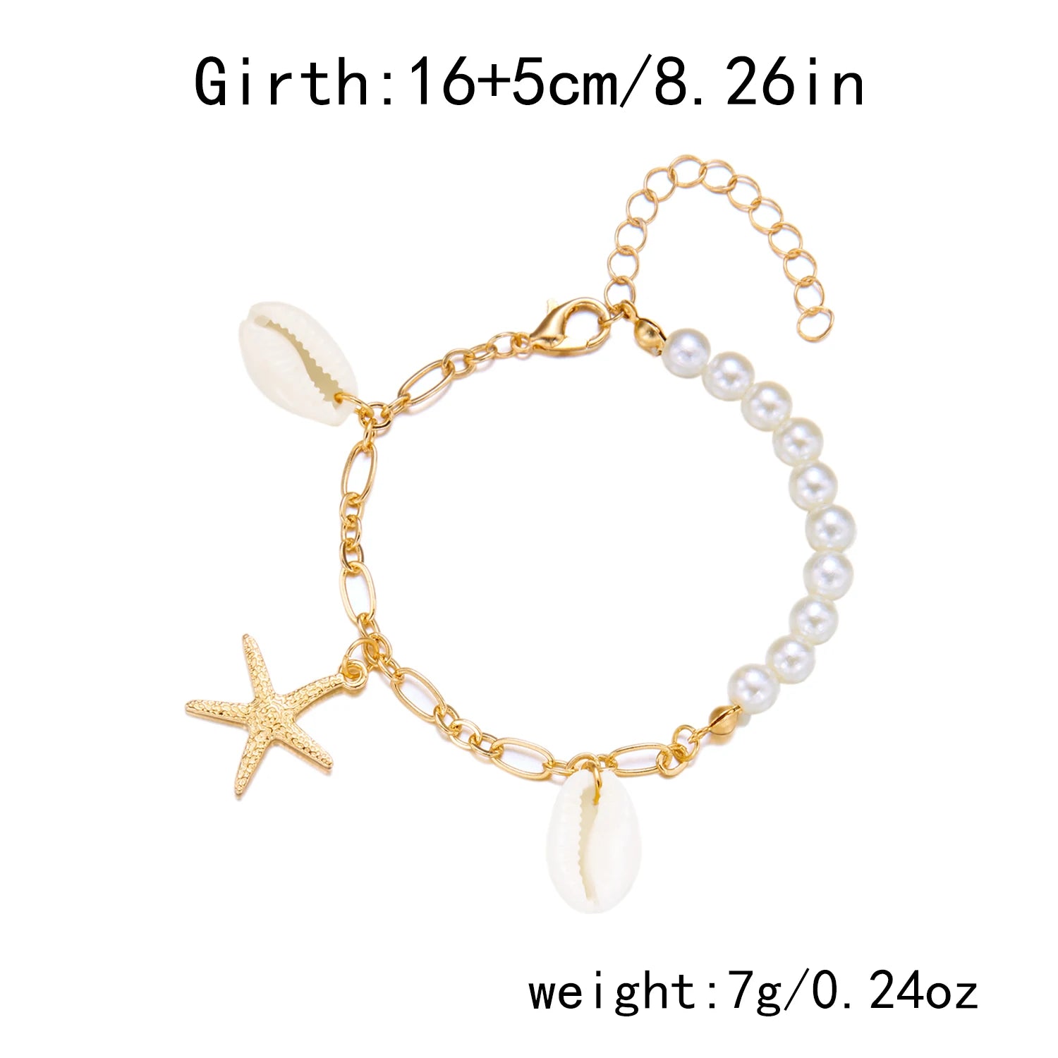 Boho Imitation Pearl Cowrie Shell Bracelet For Women Gold Color Starfish Charm Chain Bangle Summer Beach Vacation Jewelry Gift