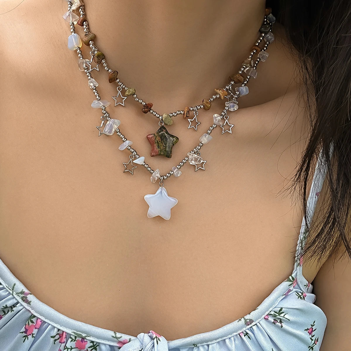 Boho Kpop Colorful Irregular Natural Stone Hollow Star Pendant Choker Necklace Women Goth Beads Chain Y2K Jewelry Accessorie New