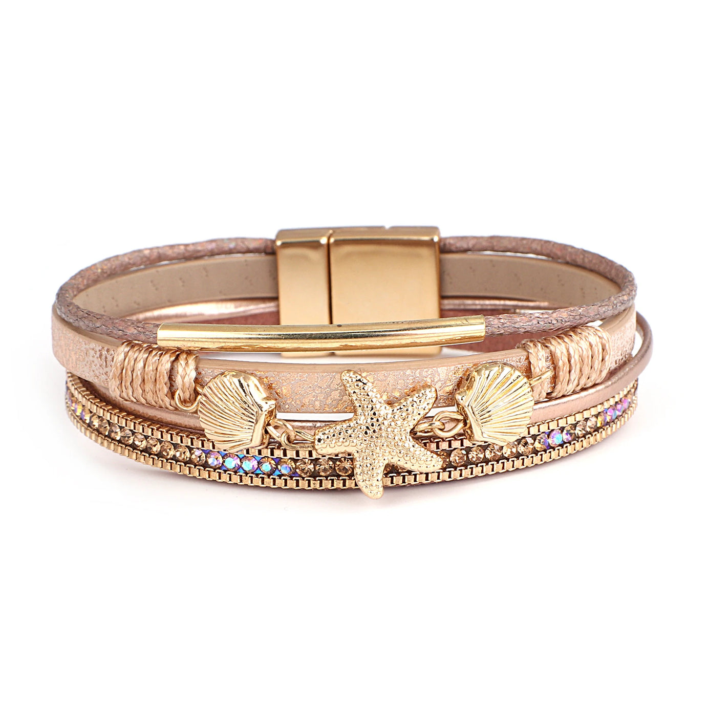 Starfish Shell and Crystal Bead Leather Boho Bracelet