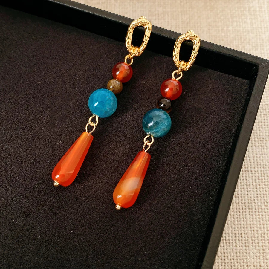Retro Natural Stone Jade Earrings for Women Chinese Style Water Drop Beads Earrings with Long Tassel Female Ear Accessories K1