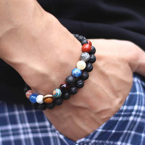 Eight Planets Solar System Beaded Bracelet, Lava & Lapis Lazuli Chakra Stones