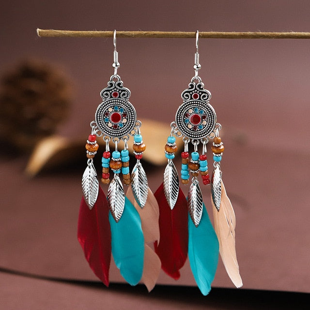 Fashion Earrings Bohemian Ethnic Style Leaf Earrings Jewelry Retro Long Tassel Colorful Feather Earrings Jewelry Gift - Charlie Dolly