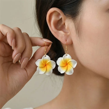 Boho Hawaiian Plumeria Earrings for Women White Pink Polymer Clay Flower Drop Dangle Earrings Summer Beach Vacation Jewelry Gift