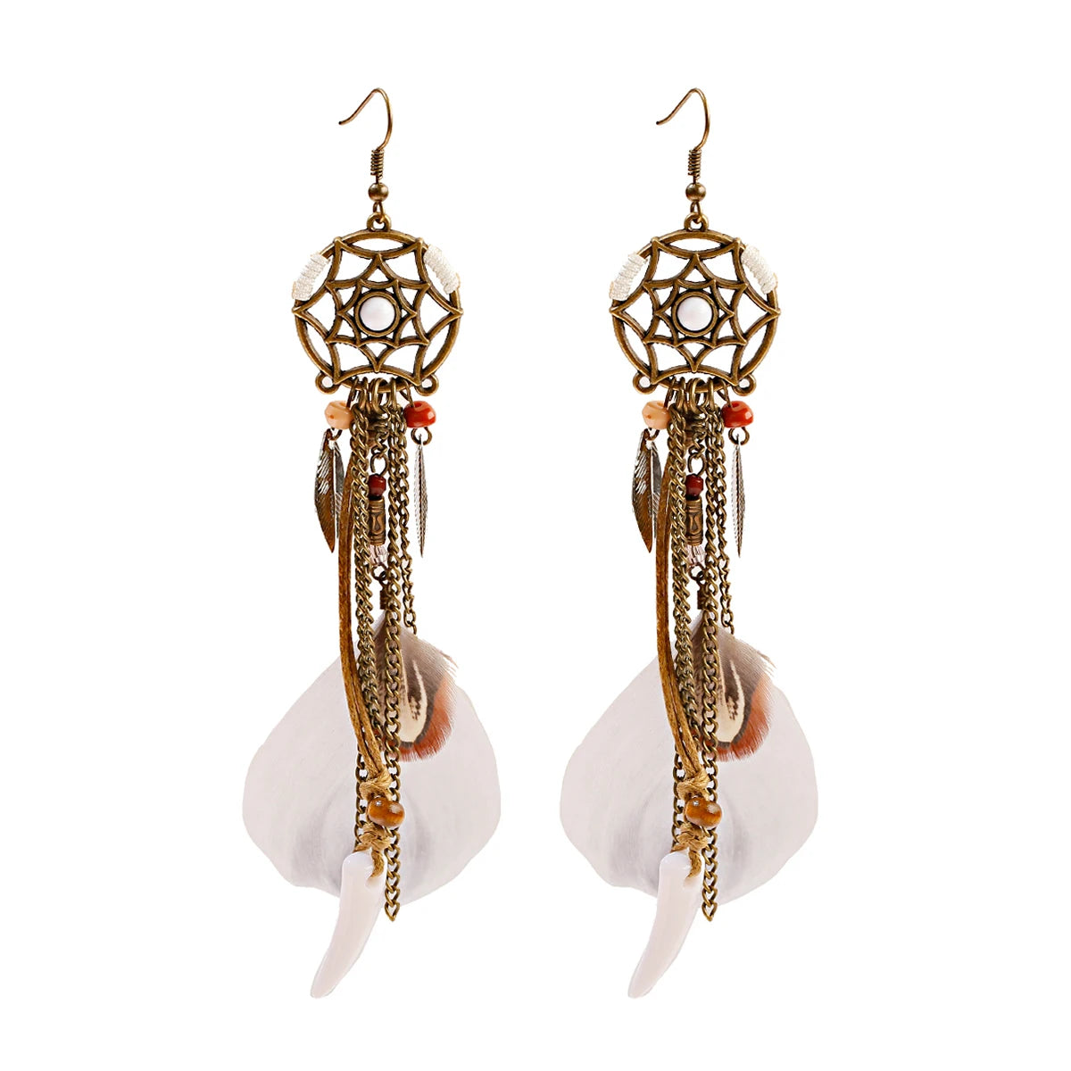 Round Retro Women's Dream Catcher Handmade Long Tassel Feather Earrings Female Leaves Pendant Earring Kolczyki Boho Jewelry