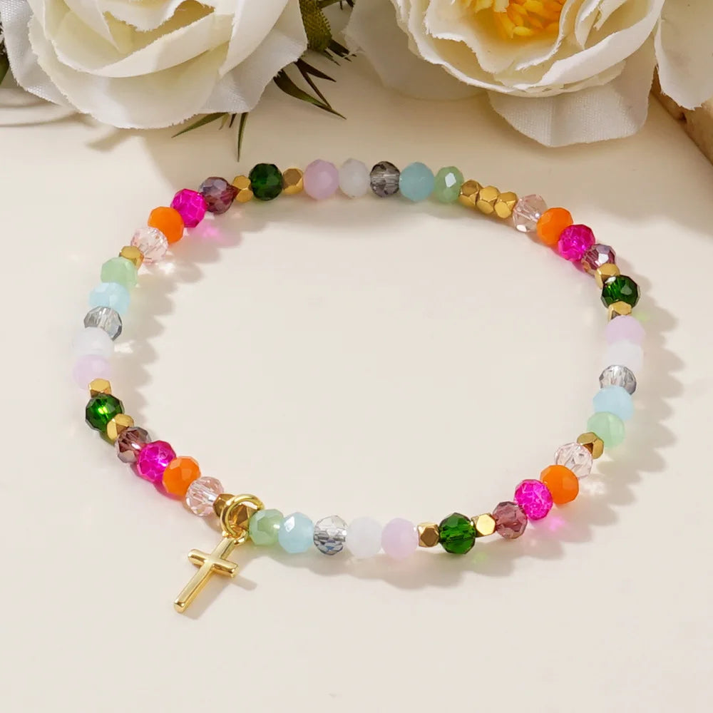 Cross Square Crystal Beads Bracelet for Women Boho Natural Stone Stretch Beach Jewelry Multi-Color Religious Baptism Jewelry