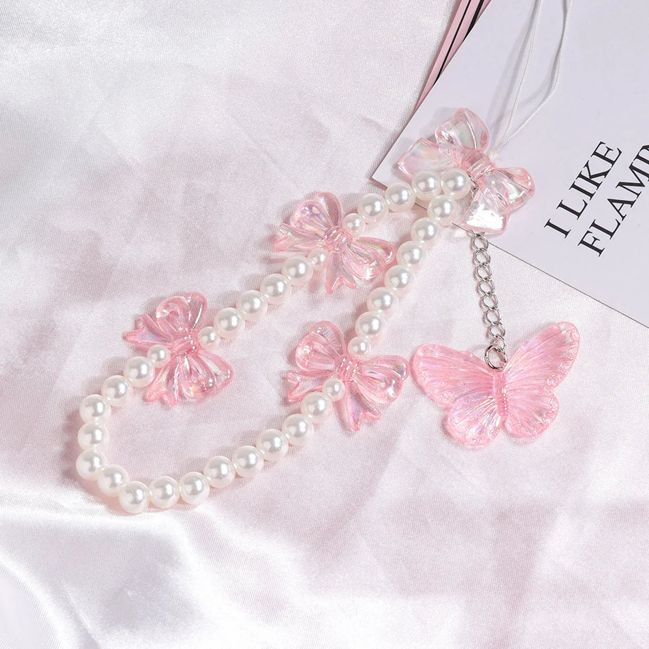 Pink Butterfly, Pearl and Bow Phone Strap Wrist Chain
