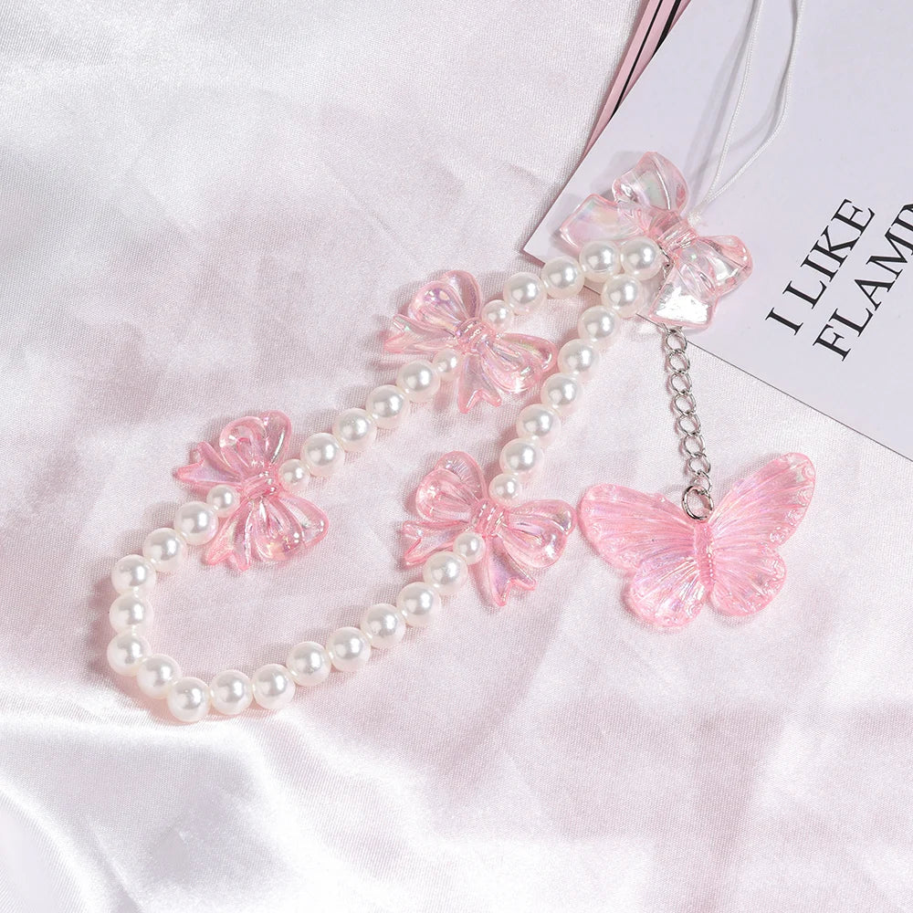 Pink Butterfly Pearl Bow Phone Chain Anti-Lost Bracelet For Mobile Phone Case Wrist Strap Lanyard Phone Keychain Portable Chain