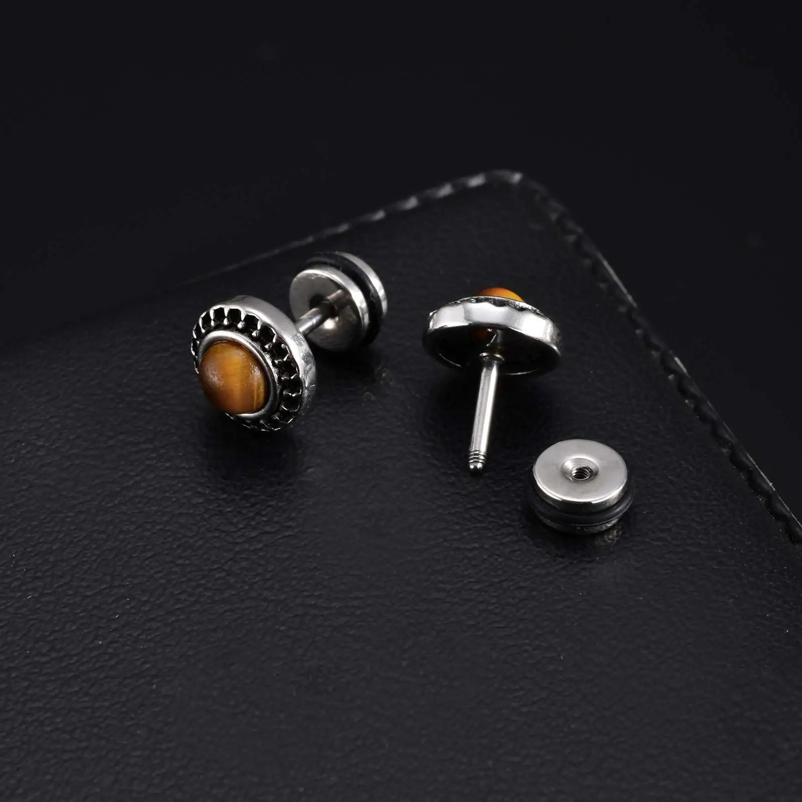 Natural Stone Studs Earrings for Men Women, Stainless Steel Hypoallergenic Small Round Earrings,Unisex Vintage Boho Jewelry Gift