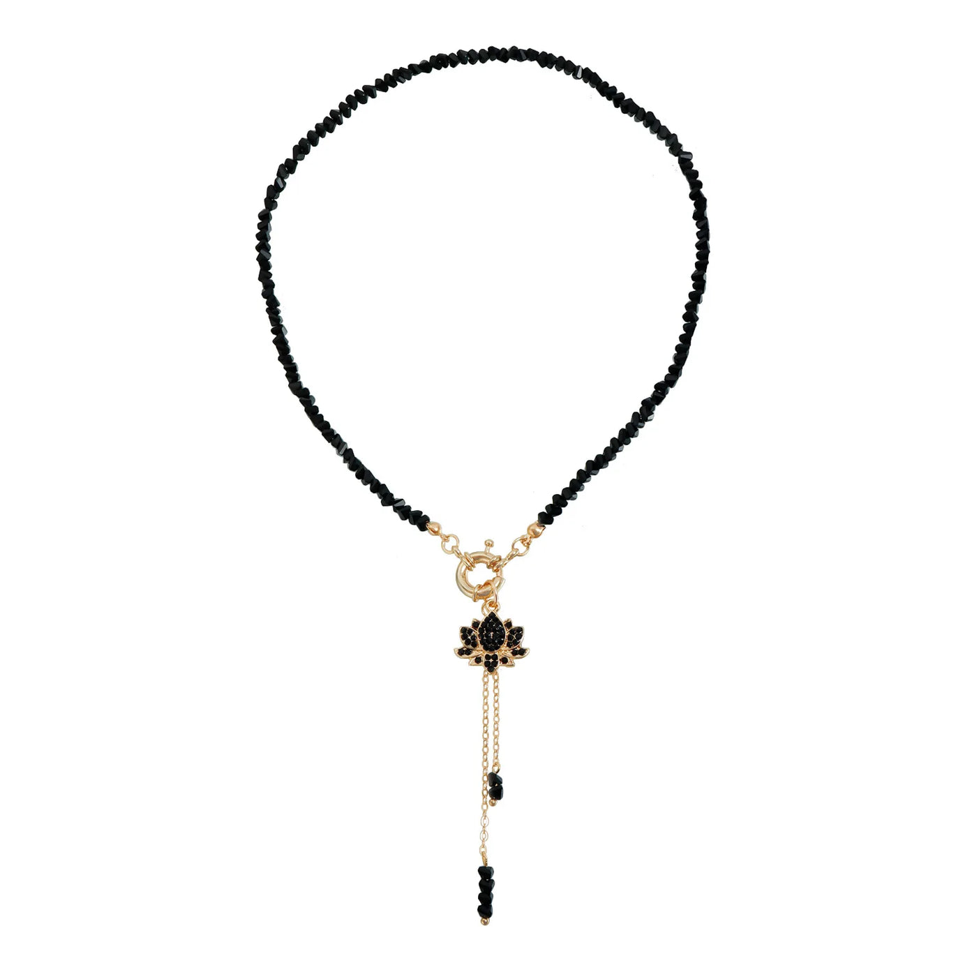 Rhinestone Lotus Tassel Pendant, Black Crystal Boho Beaded Necklace