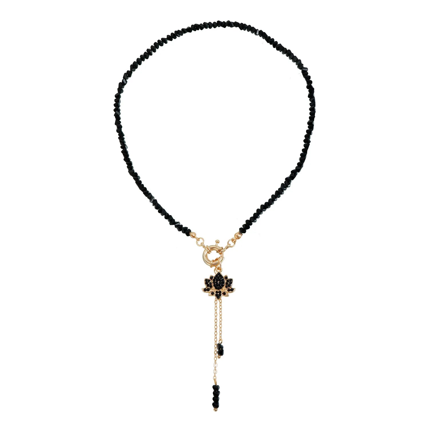 Fashion Temperament Rhinestone Lotus Tassel Pendant Irregular Black Triangular Crystal Beaded Necklace for Women Jewelry Gifts