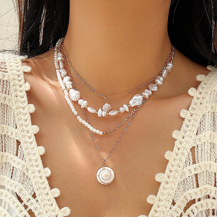 Shell Starfish and Pearl Layered Chain Boho Necklace
