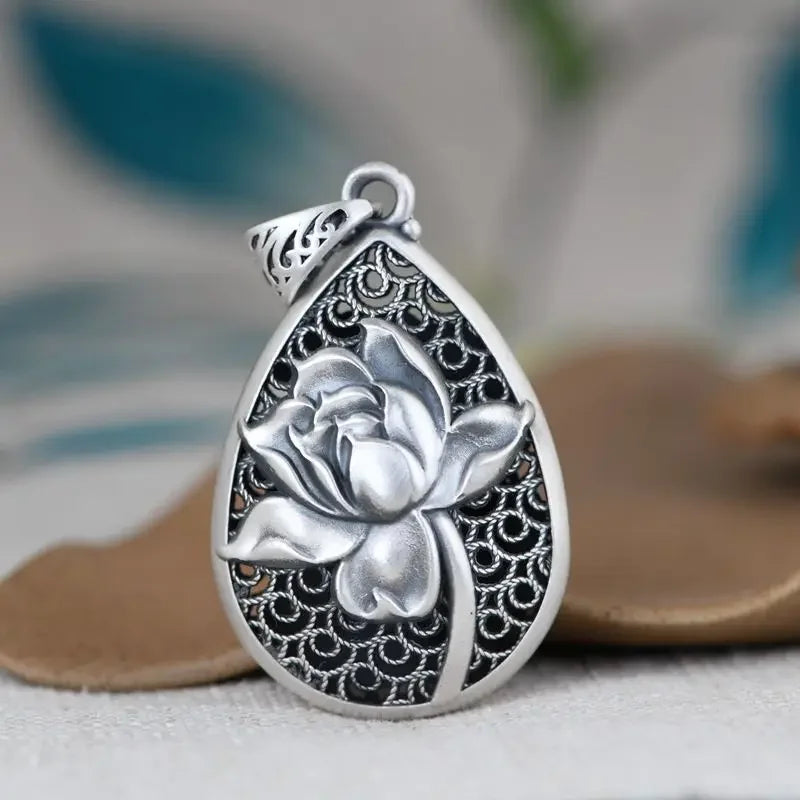 Classic New in Vintage 925 Silver National Style Engraved Lotus Flower Droplet Drop Pendant Necklace Keel Chain Charm Jewelry