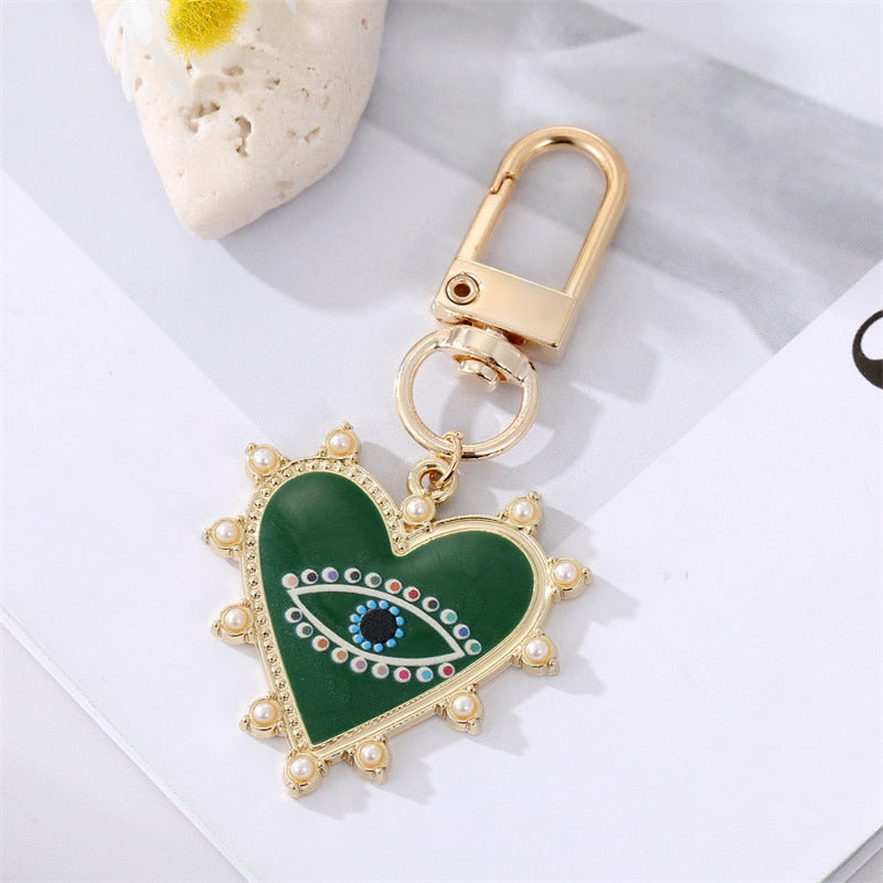 Rainbow Pearl Heart Evil Eye Couple Keychain For Friend Lovers Gift Blue Eye Bag Car Airpods Box Keyring Valentine's Day Jewelry - Charlie Dolly