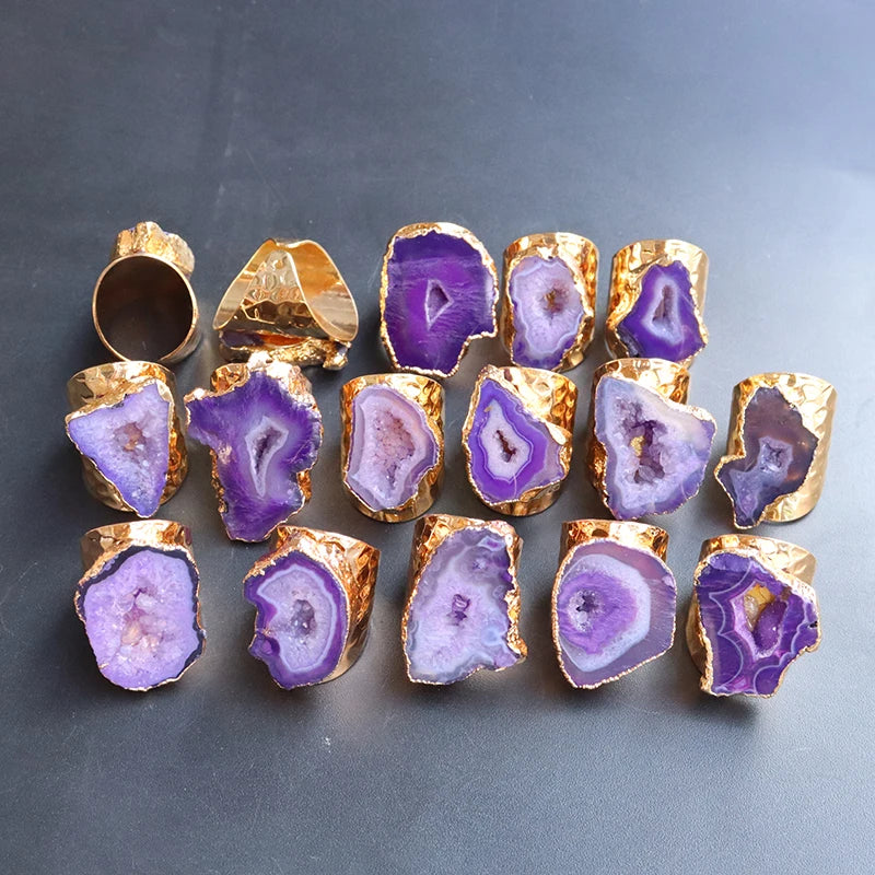 Irregular Natural Geode Stone Rings Agate Slices Wide Open Ring for Women Men Boho Resizable Finger Jewelry