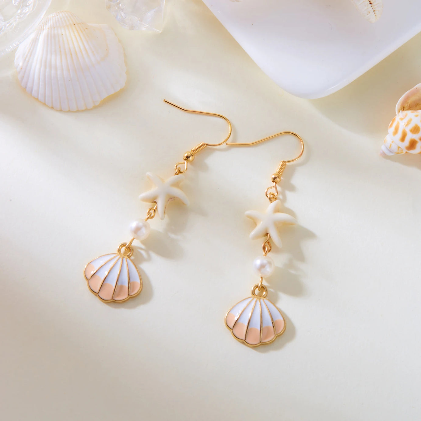 Ocean Style Shell, Starfish and Conch Enamel Drop Earrings