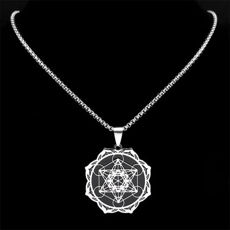 Metatron Cube & Archangel Sacred Geometry Necklace, Flower of Life Lotus Amulet