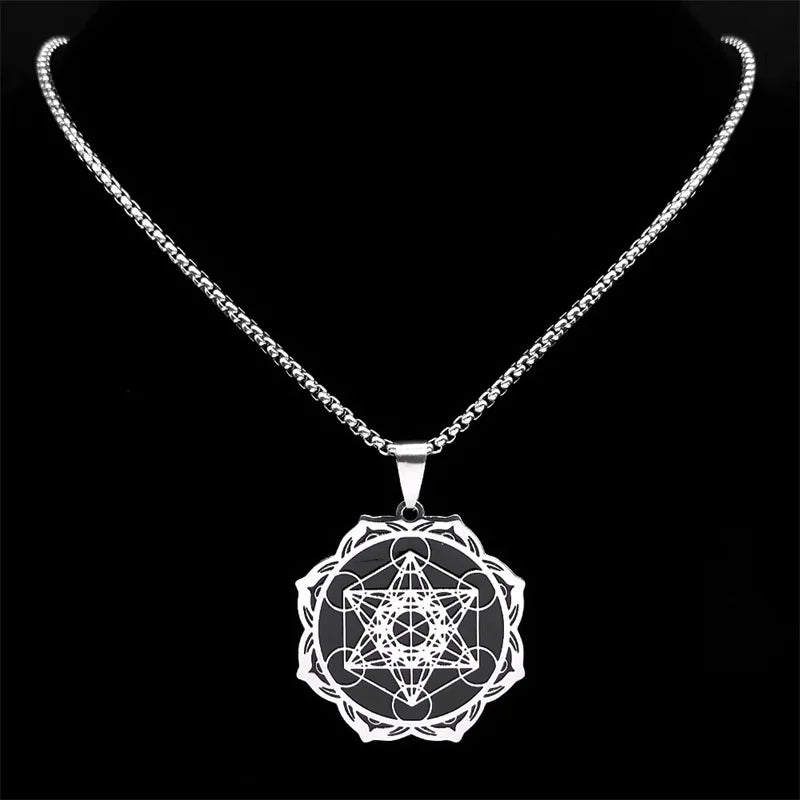 الهندسة المقدسة ميتاترون مكعب الملاك ختم الملائكة قلادة للنساء الرجال الفولاذ المقاوم للصدأ زهرة الحياة لوتس سلسلة مجوهرات