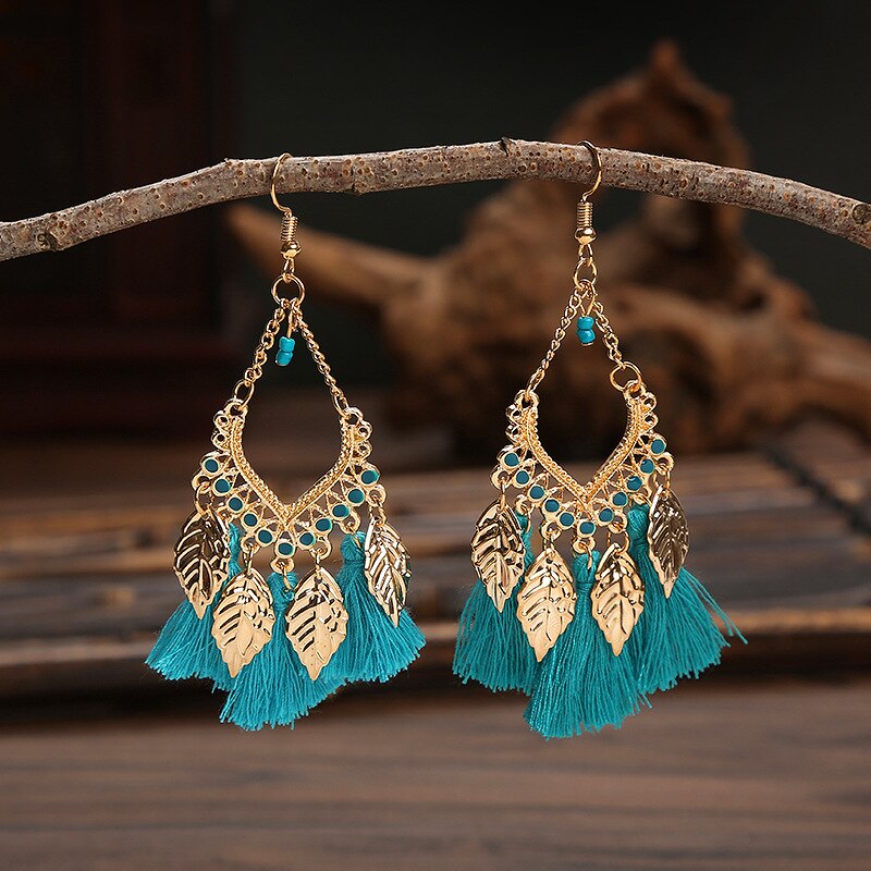 Fashion Earrings Bohemian Ethnic Style Leaf Earrings Jewelry Retro Long Tassel Colorful Feather Earrings Jewelry Gift - Charlie Dolly