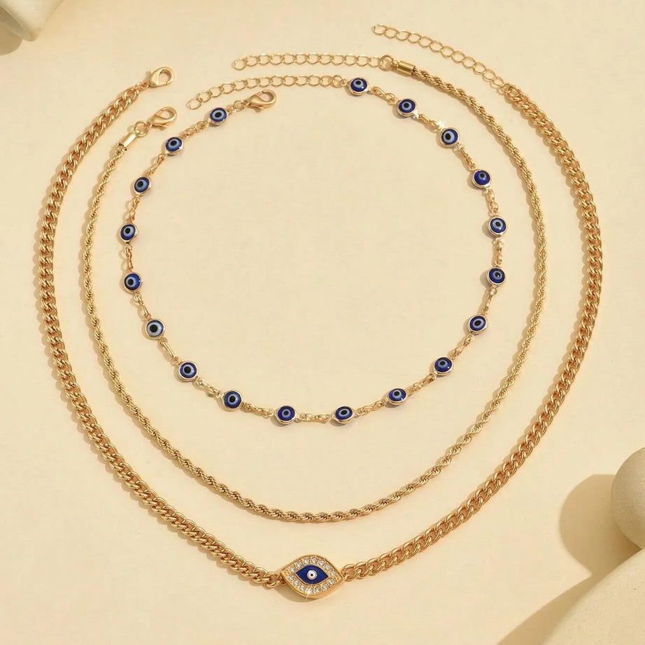Crystal Evil Eye Layered Clavicle Chain Necklace Jewelry