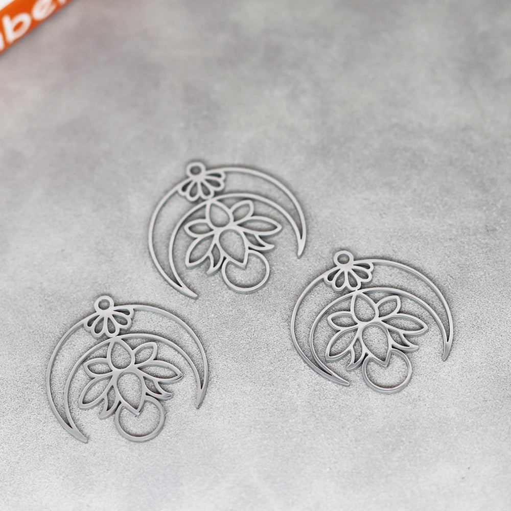 3PCS Art Line Lotus Flower Moon DIY Craft Tassels Earrings Necklace Stainless Steel Pendant Charms for Jewelry Making Accessory