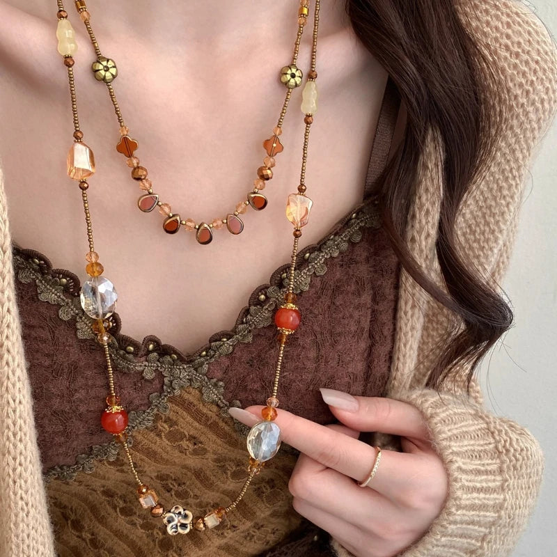 Ceramic Flower Glass Droplet Layered Necklace Jewelry