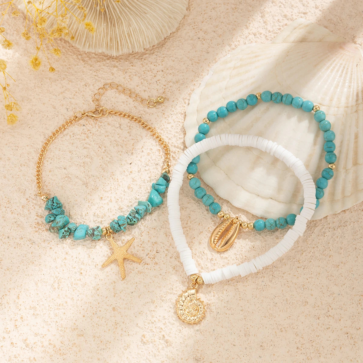 SHIXIN 3Pcs Irregular Green Natural Stone Bead Anklet Set for Women Boho Conch Starfish Feet Chain Bracelet Summer Beach Jewelry