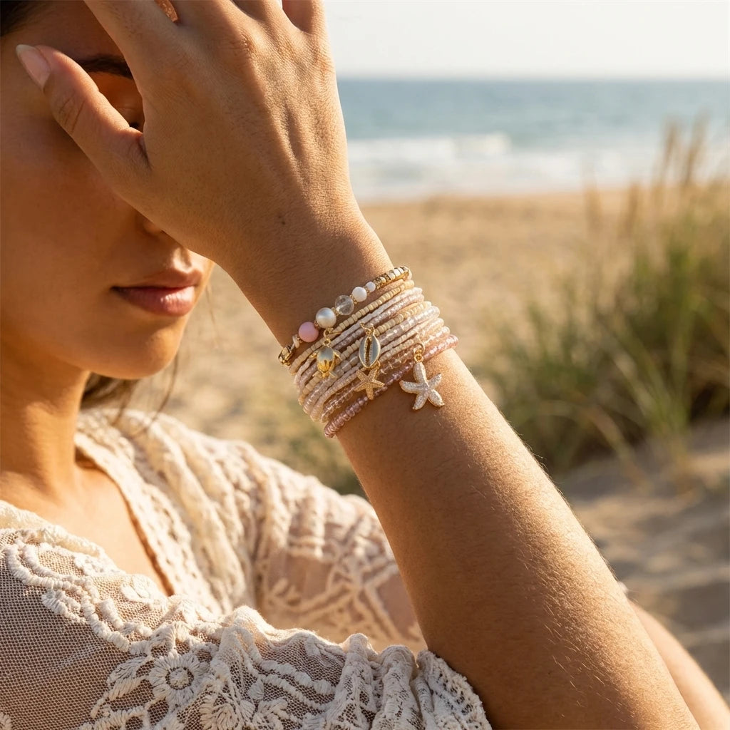 Trendy Layered Pastel Seed Bead Ocean Charm Bracelet Set for Women Sea Turtle Starfish Shell Boho Surfer Summer Jewelry