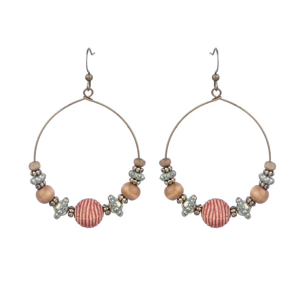 DOUVEI 2021 Ethnic Bohemia Women's Gypsy Big Bronze Wood Beads Round Drop Boho Earrings Vintage Style For Female HQE741