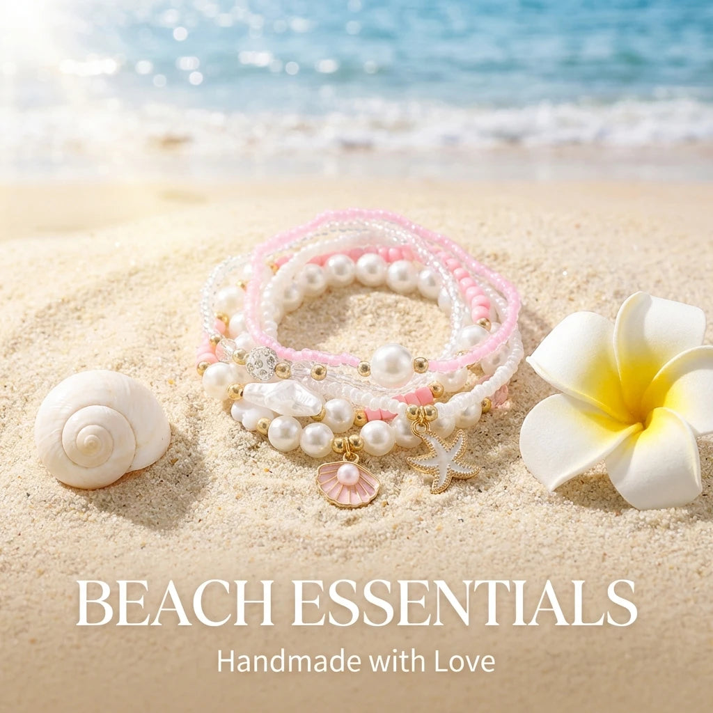 5Pcs/Set Boho Pink Pearl Beaded Bracelets for Women Summer Ocean Beach Starfish Shell Charm Multilayer Bracelet Set Jewelry Gift
