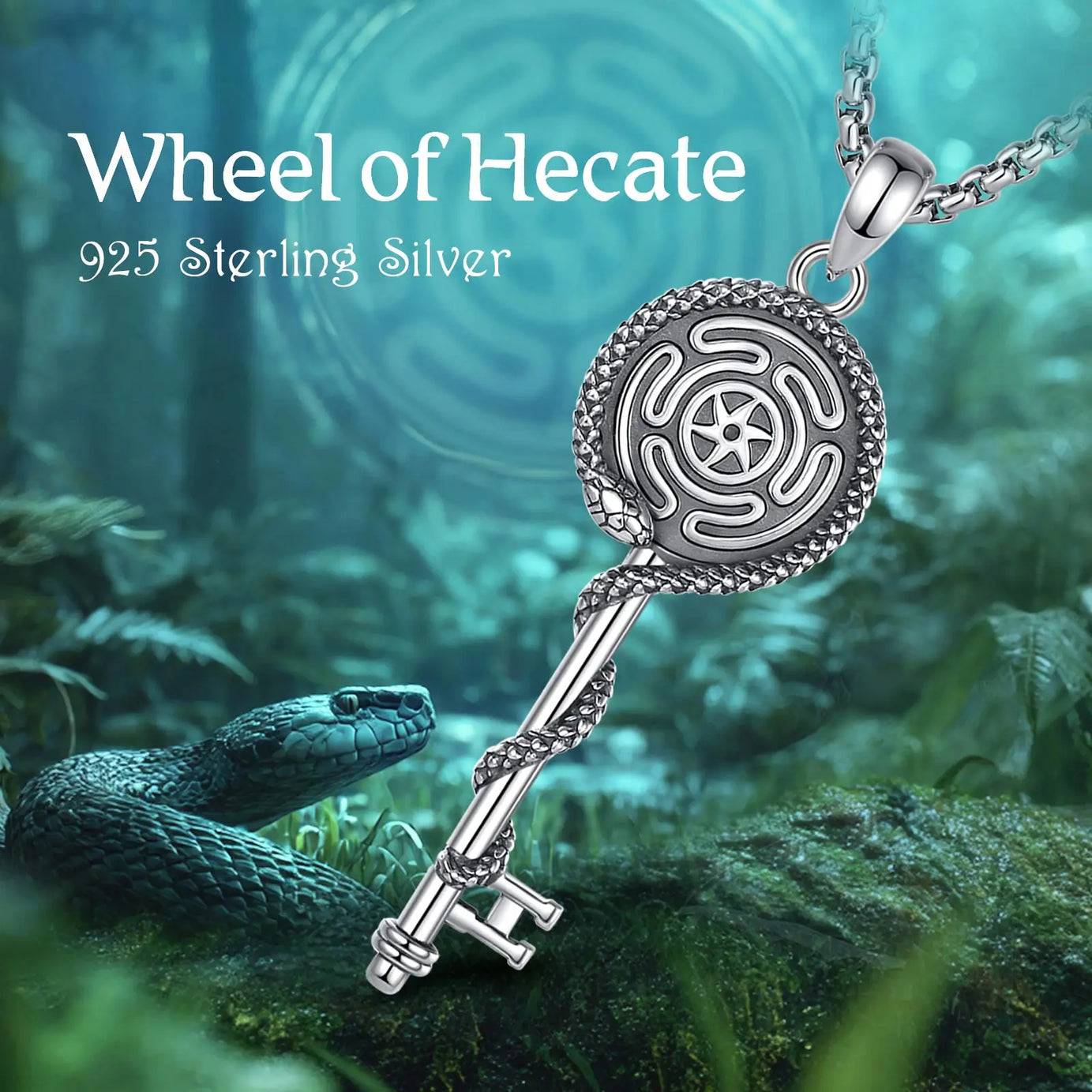 S925 Sterling Silver Hecate Wheel, Snake & Key Pendant Necklace, Triple Goddess Witch Pagan Amulet