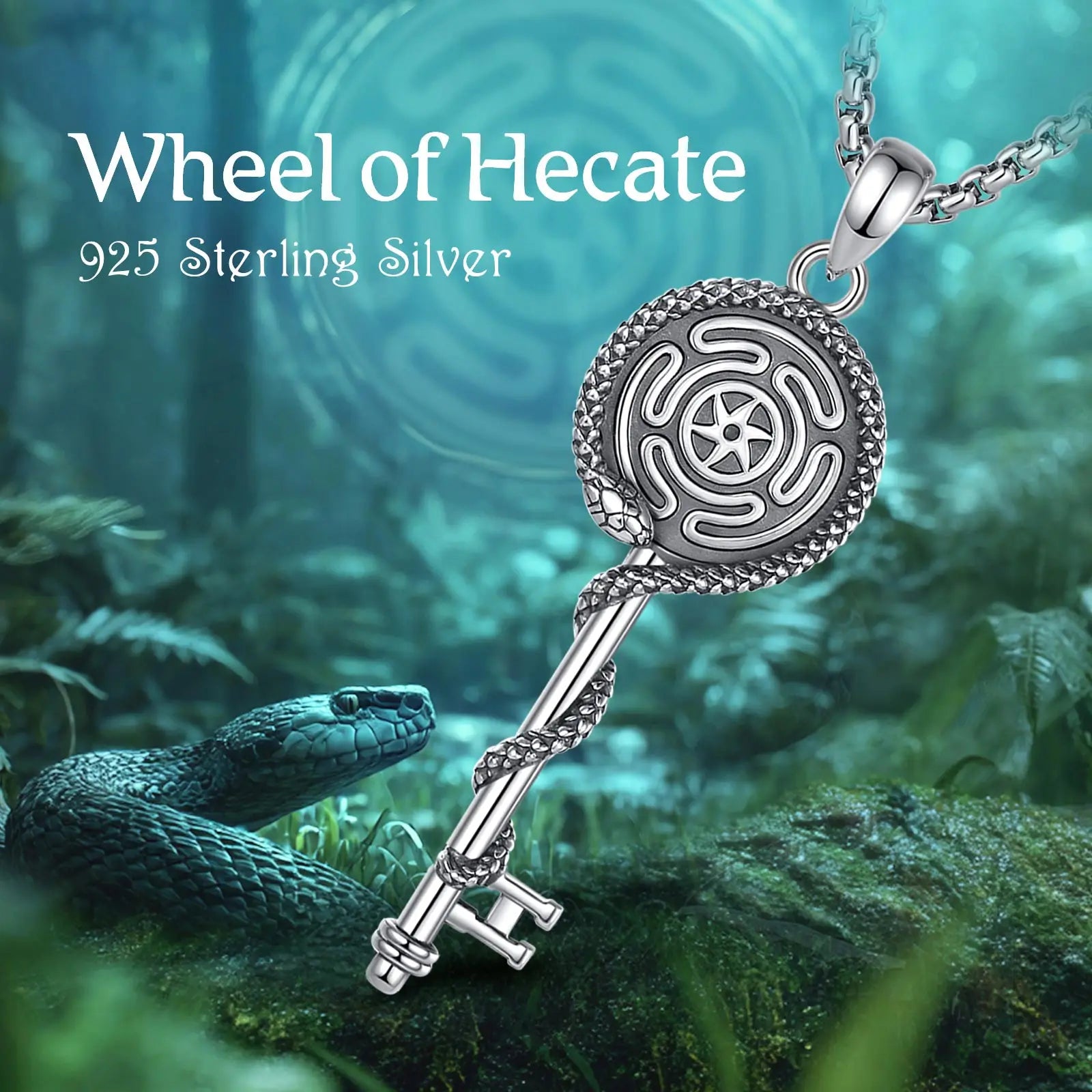 Eudora 925 Sterling Silver Hecate Wheel Necklace Triple Goddess Pendant Snake Key Amulet Witch Pagan Jewelry Gift for Women Men