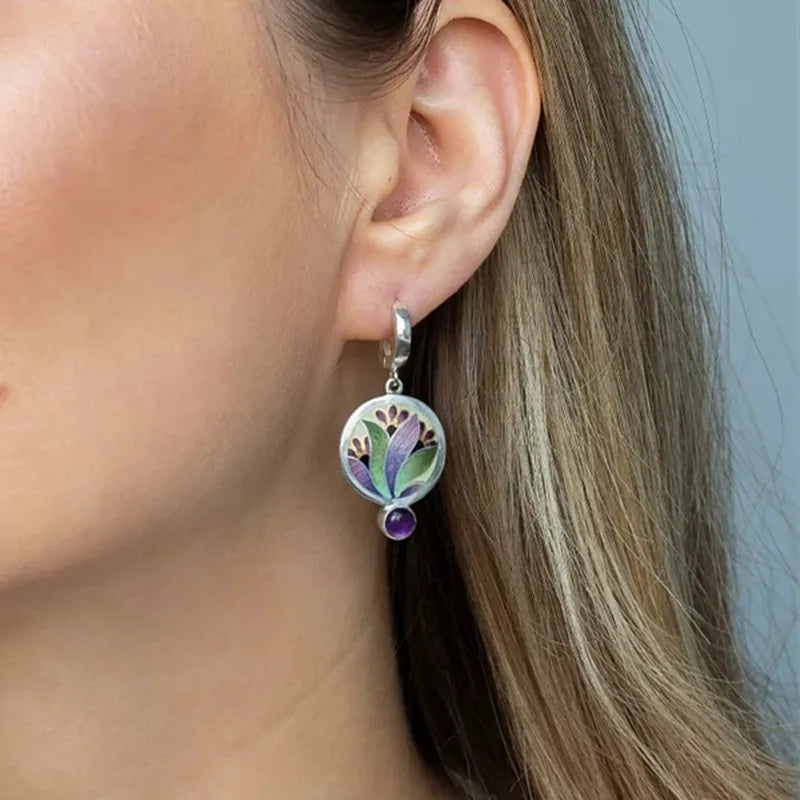 Ethnic Round Lapis lazuli Earrings Antique Jewelry Metal Silver Color Carving Water Drop Blue Gem Pendant Women's Earrings