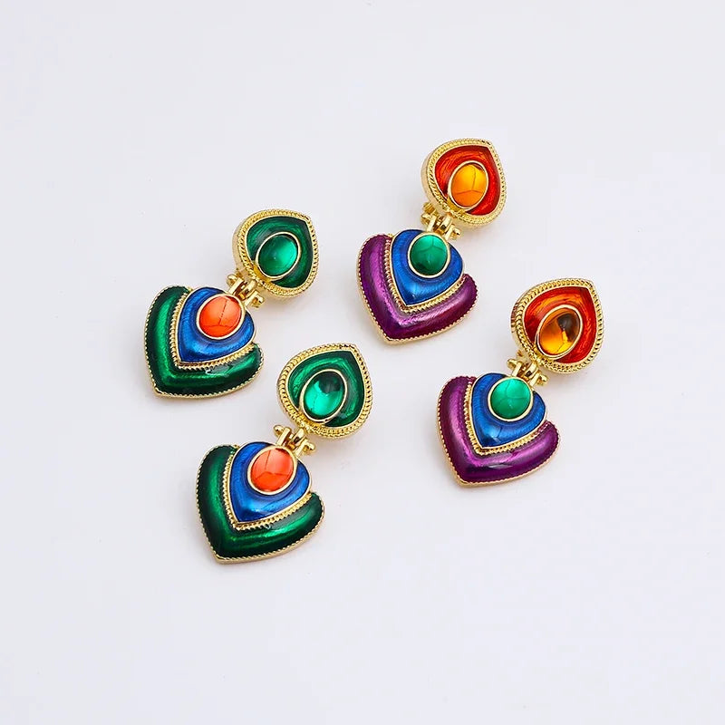 Boho Colorful Crystal Resin Heart Clip on Earrings Without Piercing for Women Charm Maxi Statement Earrings Ear Clips Jewelry