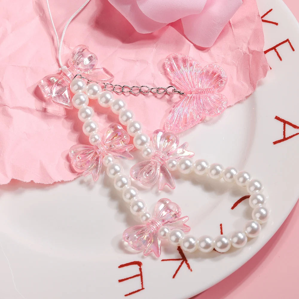 Pink Butterfly Pearl Bow Phone Chain Anti-Lost Bracelet For Mobile Phone Case Wrist Strap Lanyard Phone Keychain Portable Chain
