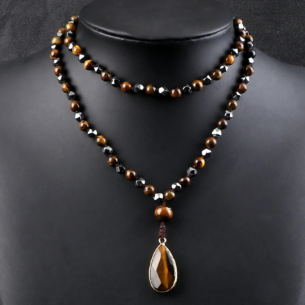 Hematite Tiger Eye 108 Bead Long Necklace Jewelry