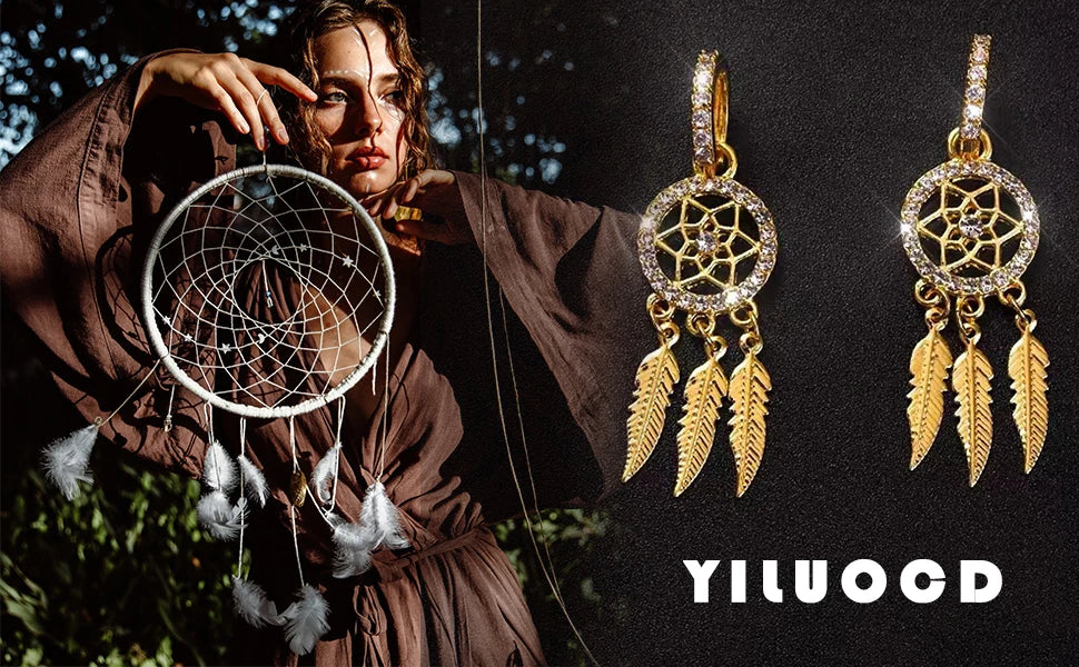 YILUOCD Exquisite Dream Catcher Dangle Earrings for Women Boho Feather Tassels Drop Earrings Geometric AAA Zircon Ear Jewelry