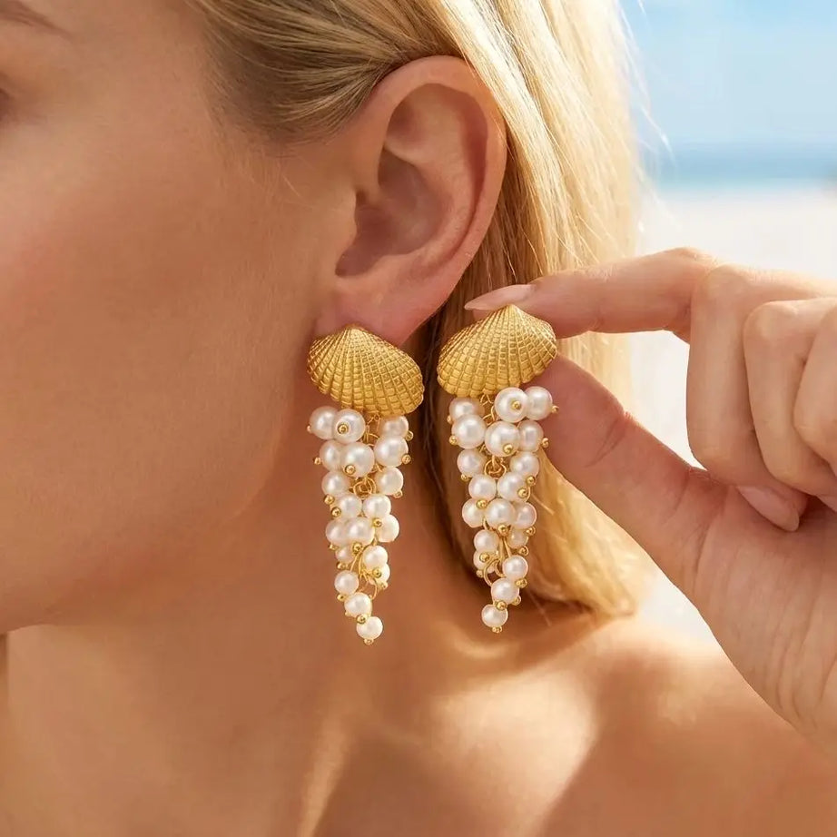 Pearl and Seashell Clustered Tassel Dangle Earrings