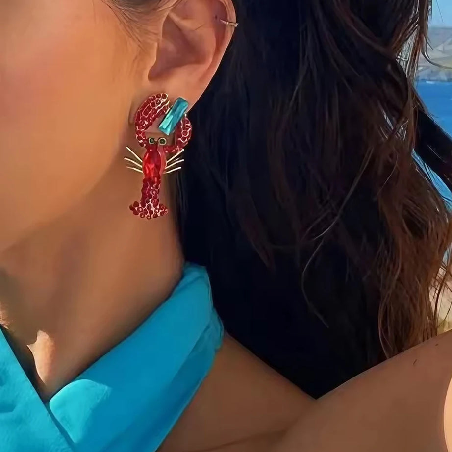 Red Rhinestone Lobster Ocean Dangle Earrings Jewelry